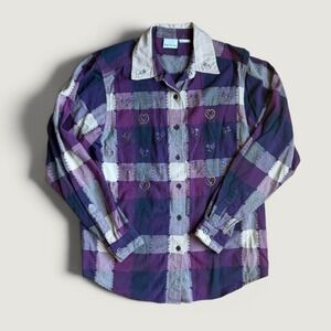 Vintage Bobbie Brooks Purple Plaid Embroidered Heart Floral Button Up Shirt L